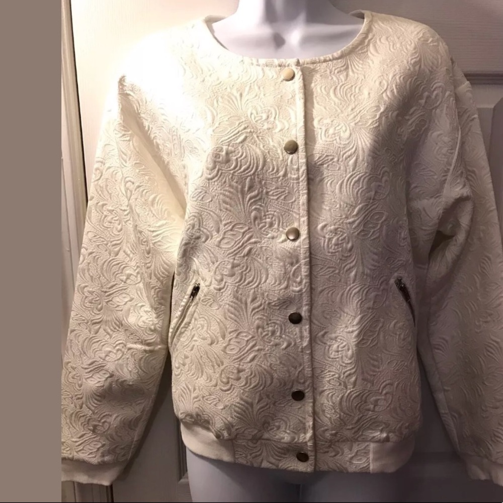 MUSTARD SEED Bomber Jacket Floral Off white Coat Textured Knit Snap silver close